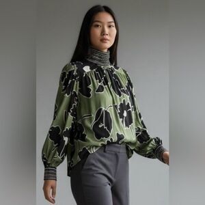 Ollari Vita Blouse Juniper Botanical Beaded Mock Neck Green/Black Top NWT - S